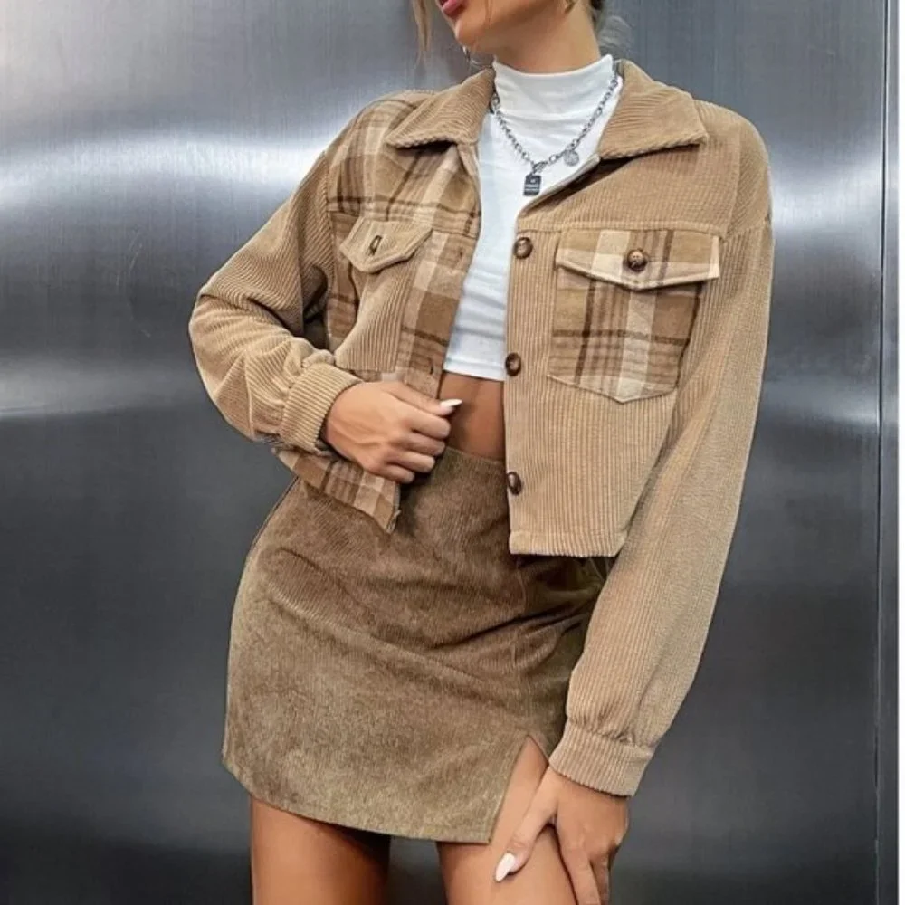 TAKE 40% OFF....Corduroy Plaid Flap Pocket Crop Jacket